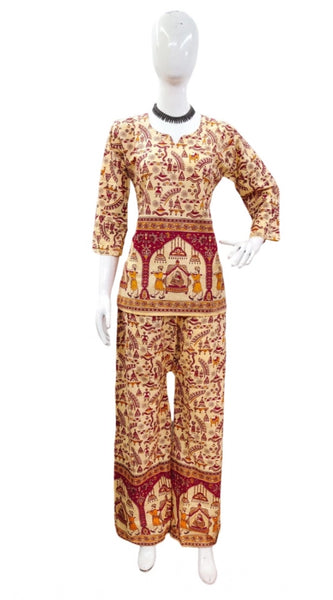 Mayawye Women's Cotton Jaipuri Printed 3-4th Sleeve Co ord Set (Multicolor)