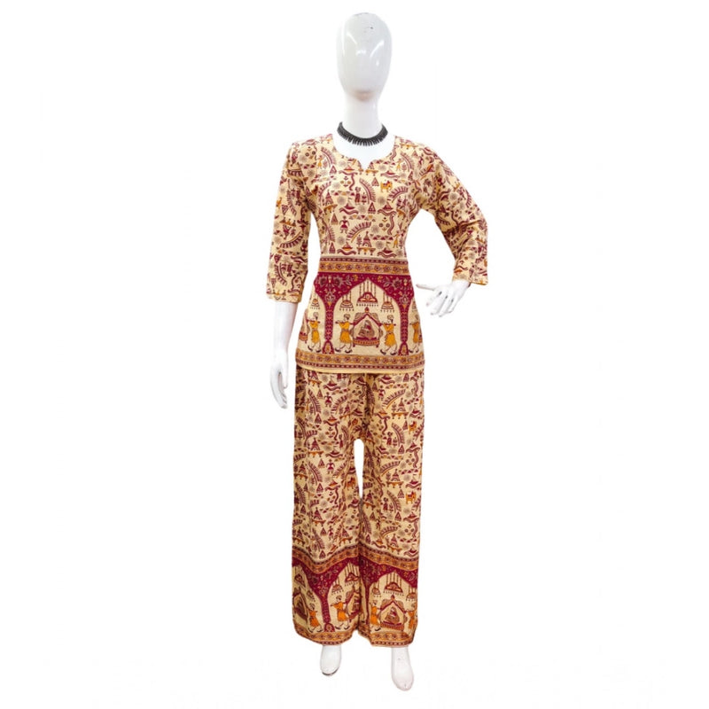 Mayawye Women's Cotton Jaipuri Printed 3-4th Sleeve Co ord Set (Multicolor)