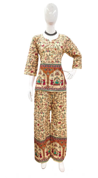 Mayawye Women's Cotton Jaipuri Printed 3-4th Sleeve Co ord Set (Multicolor)