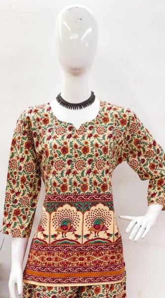 Mayawye Women's Cotton Jaipuri Printed 3-4th Sleeve Co ord Set (Multicolor)