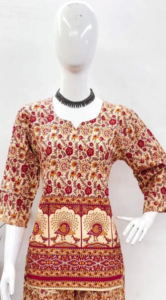 Mayawye Women's Cotton Jaipuri Printed 3-4th Sleeve Co ord Set (Multicolor)