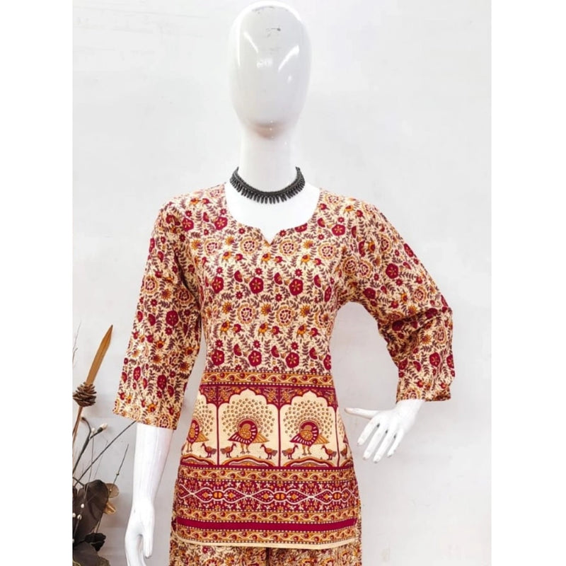 Mayawye Women's Cotton Jaipuri Printed 3-4th Sleeve Co ord Set (Multicolor)