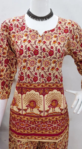 Mayawye Women's Cotton Jaipuri Printed 3-4th Sleeve Co ord Set (Multicolor)