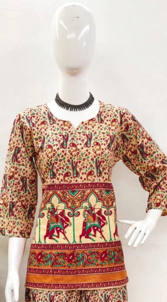 Mayawye Women's Cotton Jaipuri Printed 3-4th Sleeve Co ord Set (Multicolor)