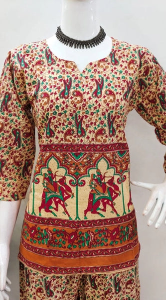 Mayawye Women's Cotton Jaipuri Printed 3-4th Sleeve Co ord Set (Multicolor)