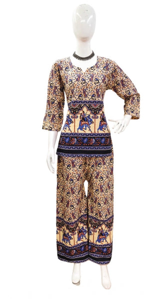 Mayawye Women's Cotton Jaipuri Printed 3-4th Sleeve Co ord Set (Multicolor)