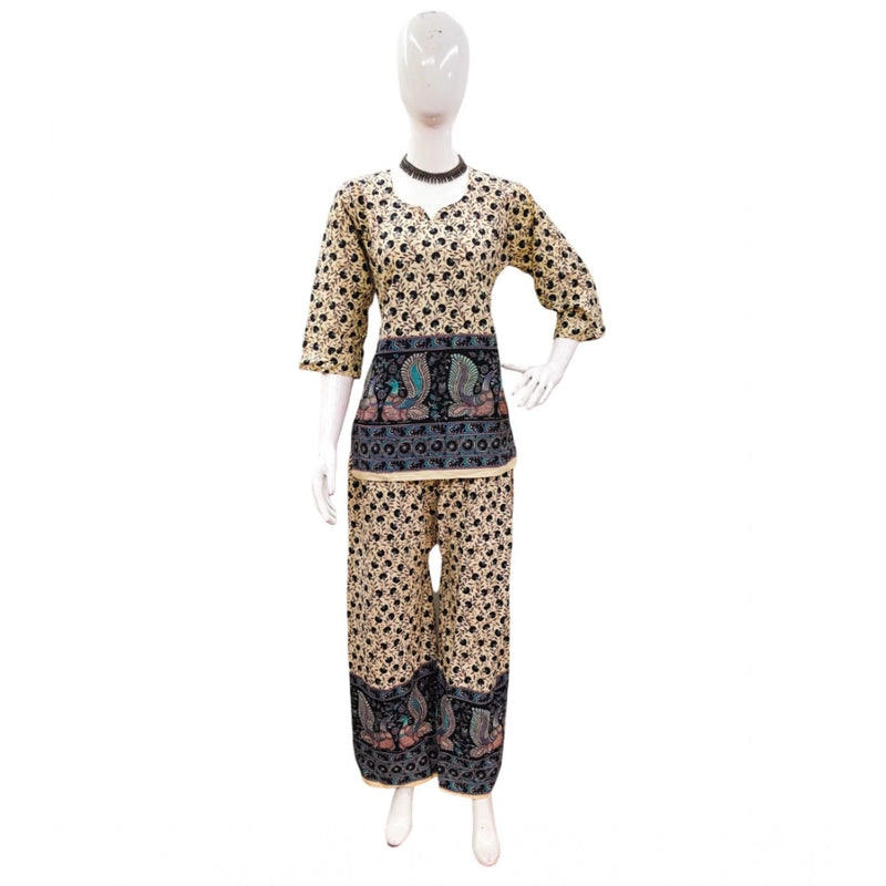 Mayawye Women's Cotton Jaipuri Printed 3-4th Sleeve Co ord Set (Multicolor)