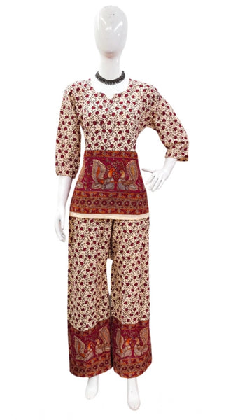 Mayawye Women's Cotton Jaipuri Printed 3-4th Sleeve Co ord Set (Multicolor)