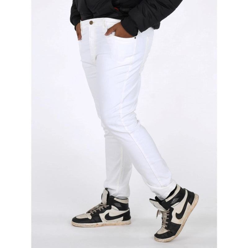 Mayawye Men's Cotton Blended Solid Plus Size Jeans (White)