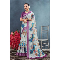 Mayawye Women's Linen Floral Printed Saree With Unstitched Blouse 5.5Mtr (Magenta)