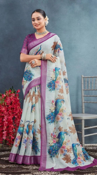 Mayawye Women's Linen Floral Printed Saree With Unstitched Blouse 5.5Mtr (Magenta)
