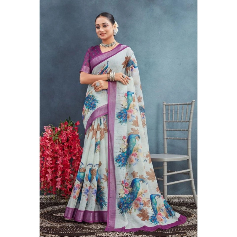 Mayawye Women's Linen Floral Printed Saree With Unstitched Blouse 5.5Mtr (Magenta)