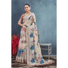 Mayawye Women's Linen Floral Printed Saree With Unstitched Blouse 5.5Mtr (Beige)