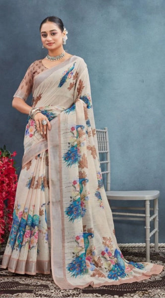 Mayawye Women's Linen Floral Printed Saree With Unstitched Blouse 5.5Mtr (Beige)