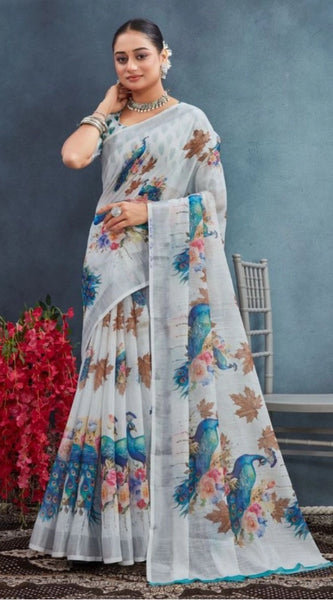 Mayawye Women's Linen Floral Printed Saree With Unstitched Blouse 5.5Mtr (Off-White)