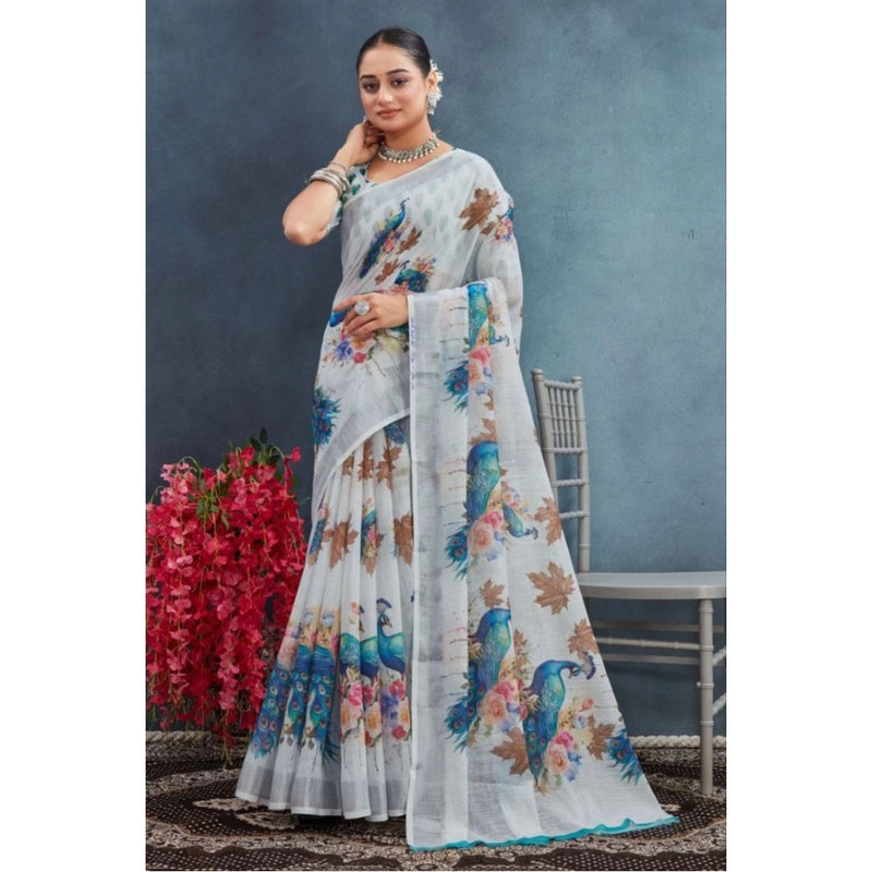 Mayawye Women's Linen Floral Printed Saree With Unstitched Blouse 5.5Mtr (Off-White)