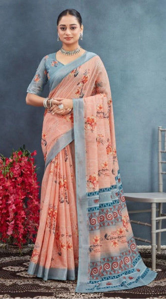 Mayawye Women's Linen Floral Printed Saree With Unstitched Blouse 5.5Mtr (Orange)