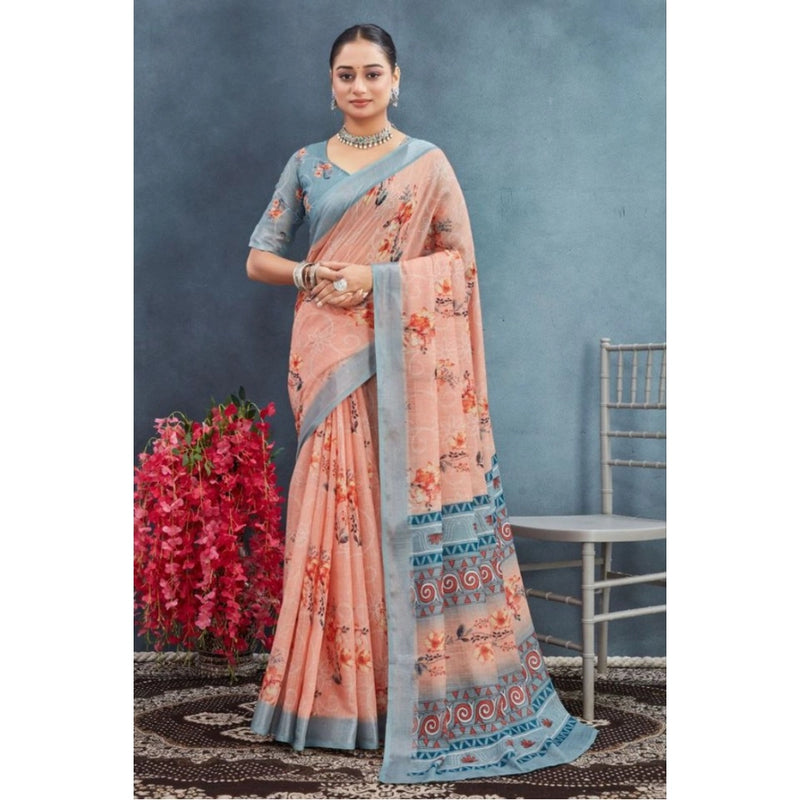 Mayawye Women's Linen Floral Printed Saree With Unstitched Blouse 5.5Mtr (Orange)