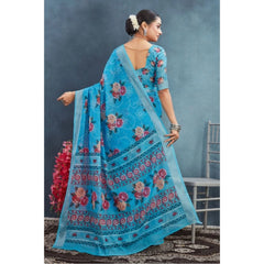 Mayawye Women's Linen Floral Printed Saree With Unstitched Blouse 5.5Mtr (Blue)