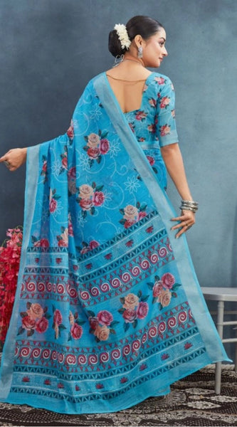 Mayawye Women's Linen Floral Printed Saree With Unstitched Blouse 5.5Mtr (Blue)