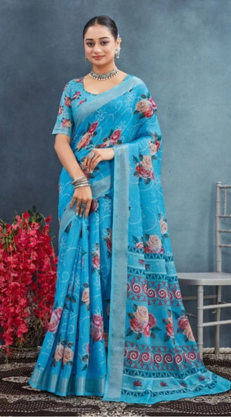 Mayawye Women's Linen Floral Printed Saree With Unstitched Blouse 5.5Mtr (Blue)