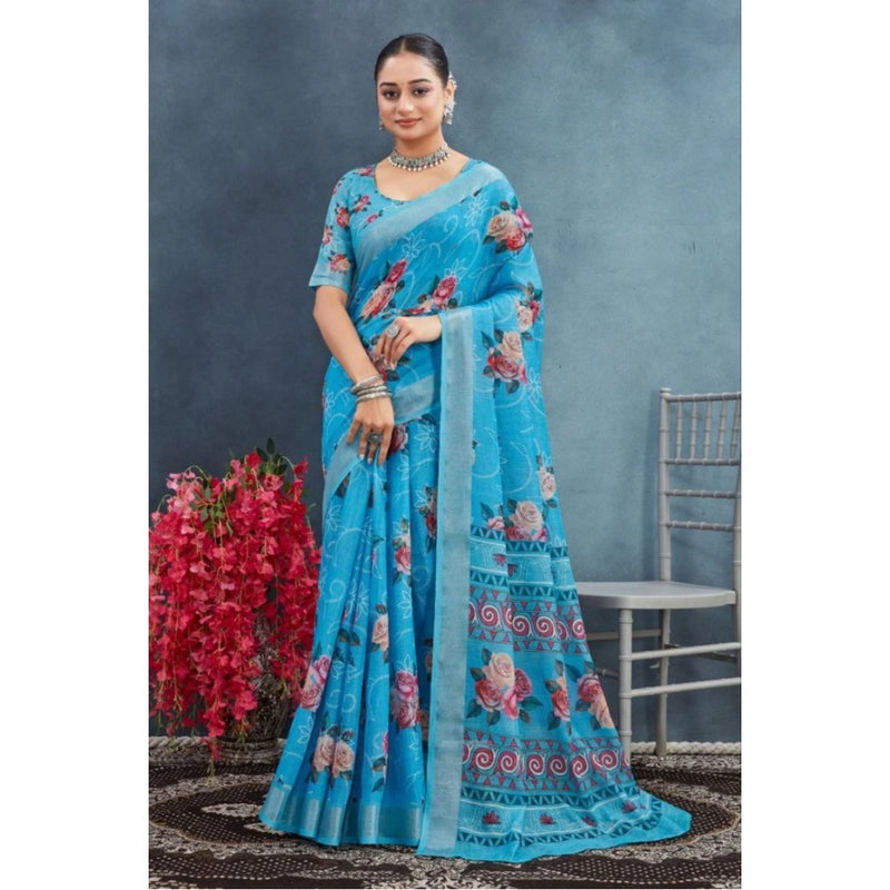 Mayawye Women's Linen Floral Printed Saree With Unstitched Blouse 5.5Mtr (Blue)
