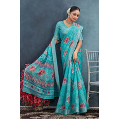 Mayawye Women's Linen Floral Printed Saree With Unstitched Blouse 5.5Mtr (Aqua)