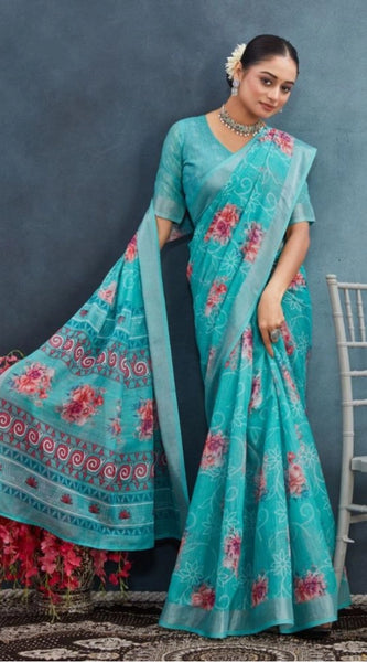 Mayawye Women's Linen Floral Printed Saree With Unstitched Blouse 5.5Mtr (Aqua)