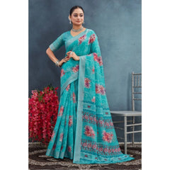 Mayawye Women's Linen Floral Printed Saree With Unstitched Blouse 5.5Mtr (Aqua)