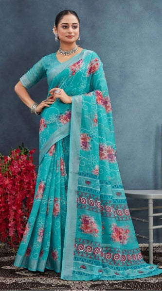 Mayawye Women's Linen Floral Printed Saree With Unstitched Blouse 5.5Mtr (Aqua)