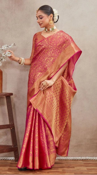 Mayawye Women's Silk Blend Floral Printed Saree With Unstitched Blouse 5.5Mtr (Pink)