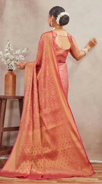 Mayawye Women's Silk Blend Floral Printed Saree With Unstitched Blouse 5.5Mtr (Peach)