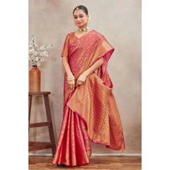 Mayawye Women's Silk Blend Floral Printed Saree With Unstitched Blouse 5.5Mtr (Peach)