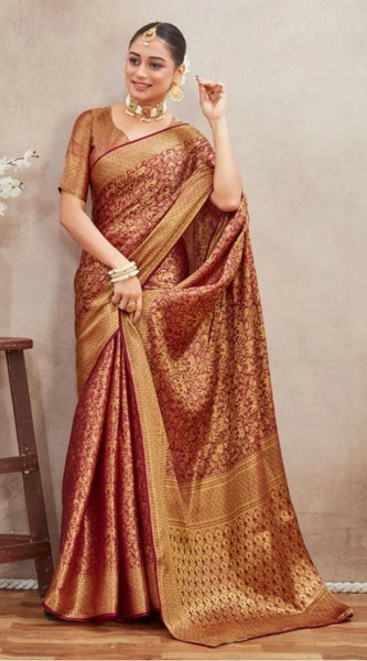 Mayawye Women's Silk Blend Floral Printed Saree With Unstitched Blouse 5.5Mtr (Brown)