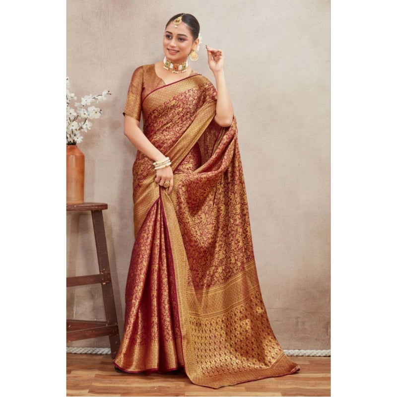 Mayawye Women's Silk Blend Floral Printed Saree With Unstitched Blouse 5.5Mtr (Brown)
