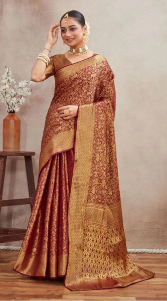 Mayawye Women's Silk Blend Floral Printed Saree With Unstitched Blouse 5.5Mtr (Brown)
