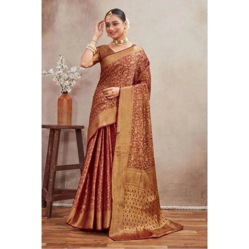 Mayawye Women's Silk Blend Floral Printed Saree With Unstitched Blouse 5.5Mtr (Brown)