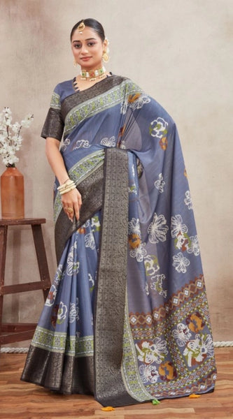 Mayawye Women's Crepe Silk Printed Saree With Unstitched Blouse 5.5Mtr (Grey)
