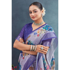 Mayawye Women's Linen Floral Printed Saree With Unstitched Blouse 5.5Mtr (Purple)