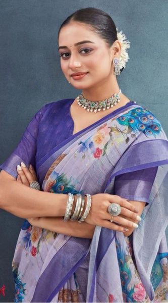 Mayawye Women's Linen Floral Printed Saree With Unstitched Blouse 5.5Mtr (Purple)