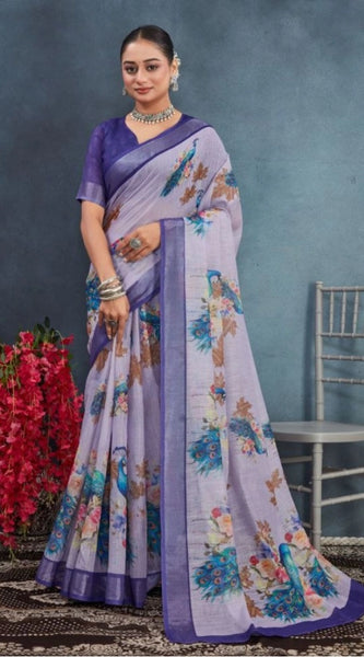 Mayawye Women's Linen Floral Printed Saree With Unstitched Blouse 5.5Mtr (Purple)