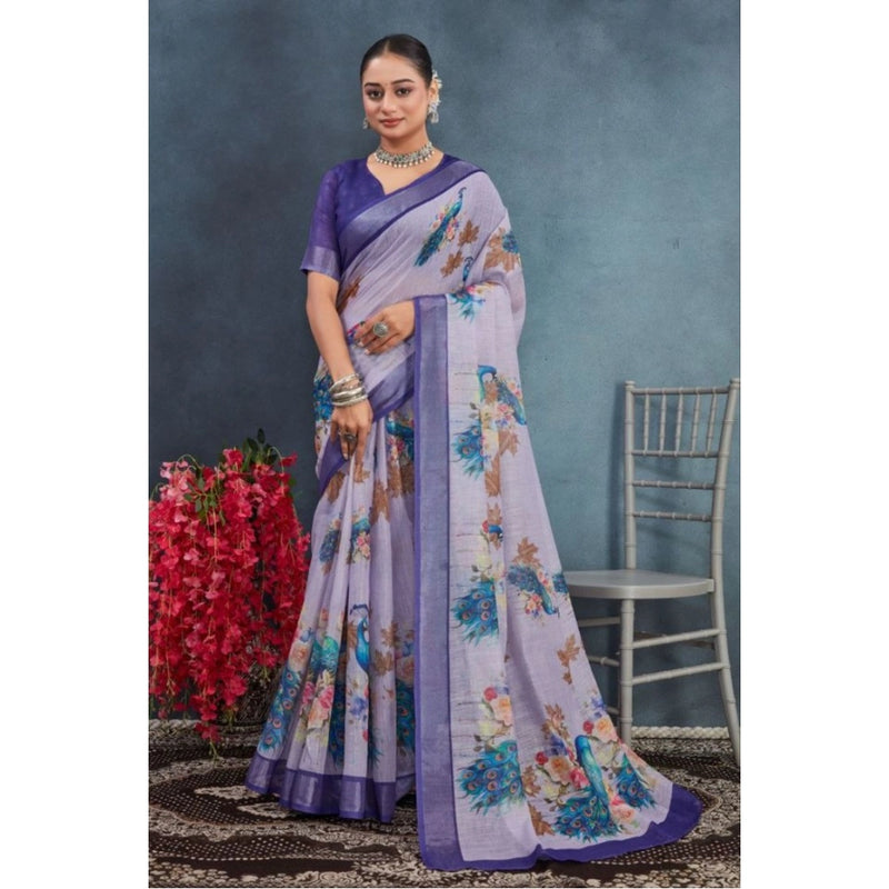 Mayawye Women's Linen Floral Printed Saree With Unstitched Blouse 5.5Mtr (Purple)