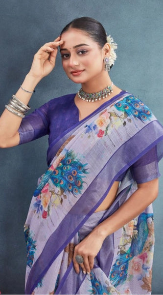 Mayawye Women's Linen Floral Printed Saree With Unstitched Blouse 5.5Mtr (Purple)