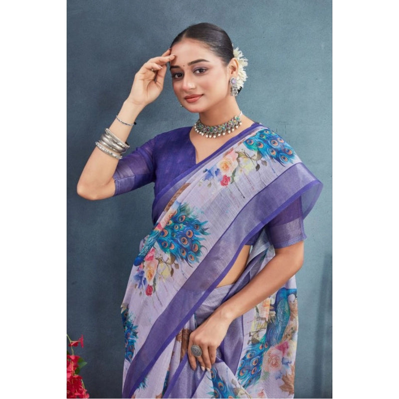 Mayawye Women's Linen Floral Printed Saree With Unstitched Blouse 5.5Mtr (Purple)