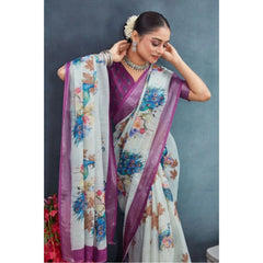 Mayawye Women's Linen Floral Printed Saree With Unstitched Blouse 5.5Mtr (Magenta)