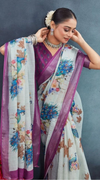 Mayawye Women's Linen Floral Printed Saree With Unstitched Blouse 5.5Mtr (Magenta)