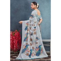 Mayawye Women's Linen Floral Printed Saree With Unstitched Blouse 5.5Mtr (Off-White)