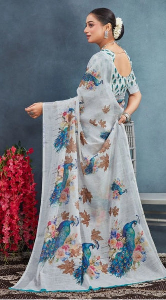 Mayawye Women's Linen Floral Printed Saree With Unstitched Blouse 5.5Mtr (Off-White)