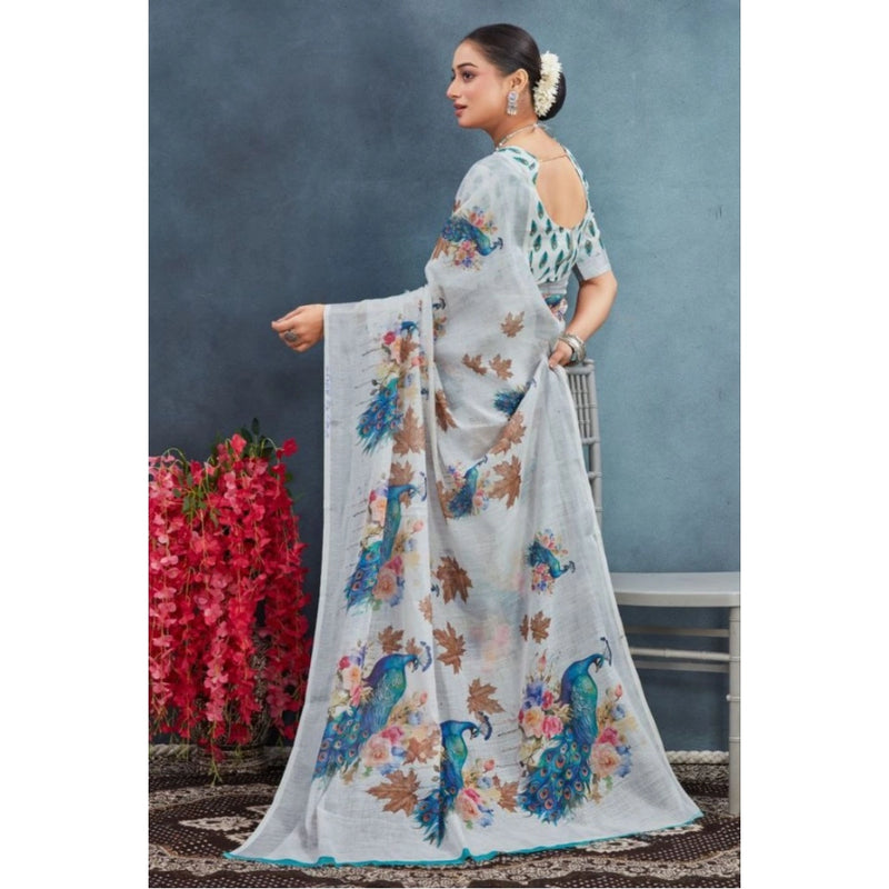 Mayawye Women's Linen Floral Printed Saree With Unstitched Blouse 5.5Mtr (Off-White)