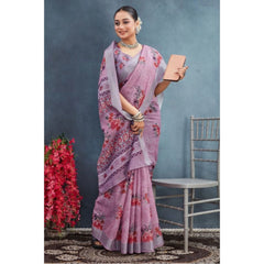 Mayawye Women's Linen Floral Printed Saree With Unstitched Blouse 5.5Mtr (Purple)